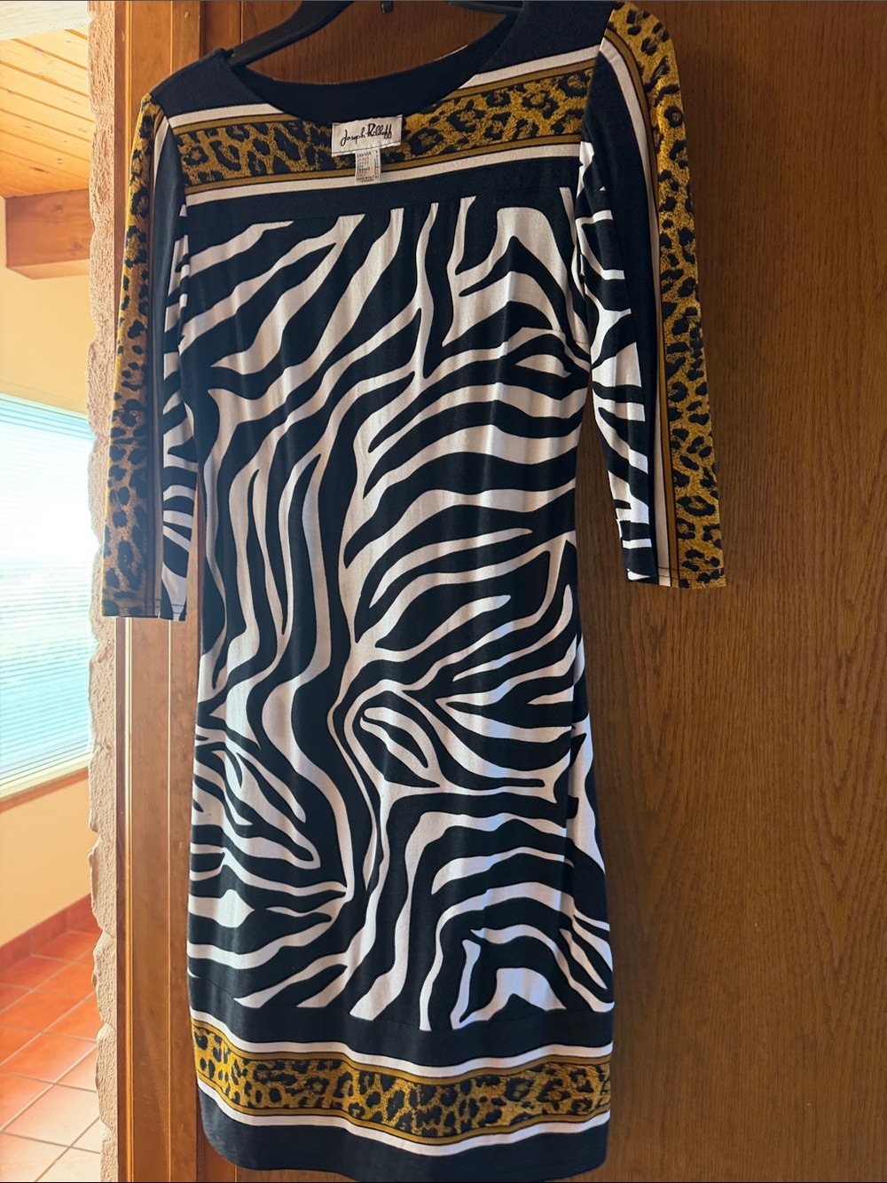Joseph Ribkoff Black, White and Gold Animal-Print Midi Dress